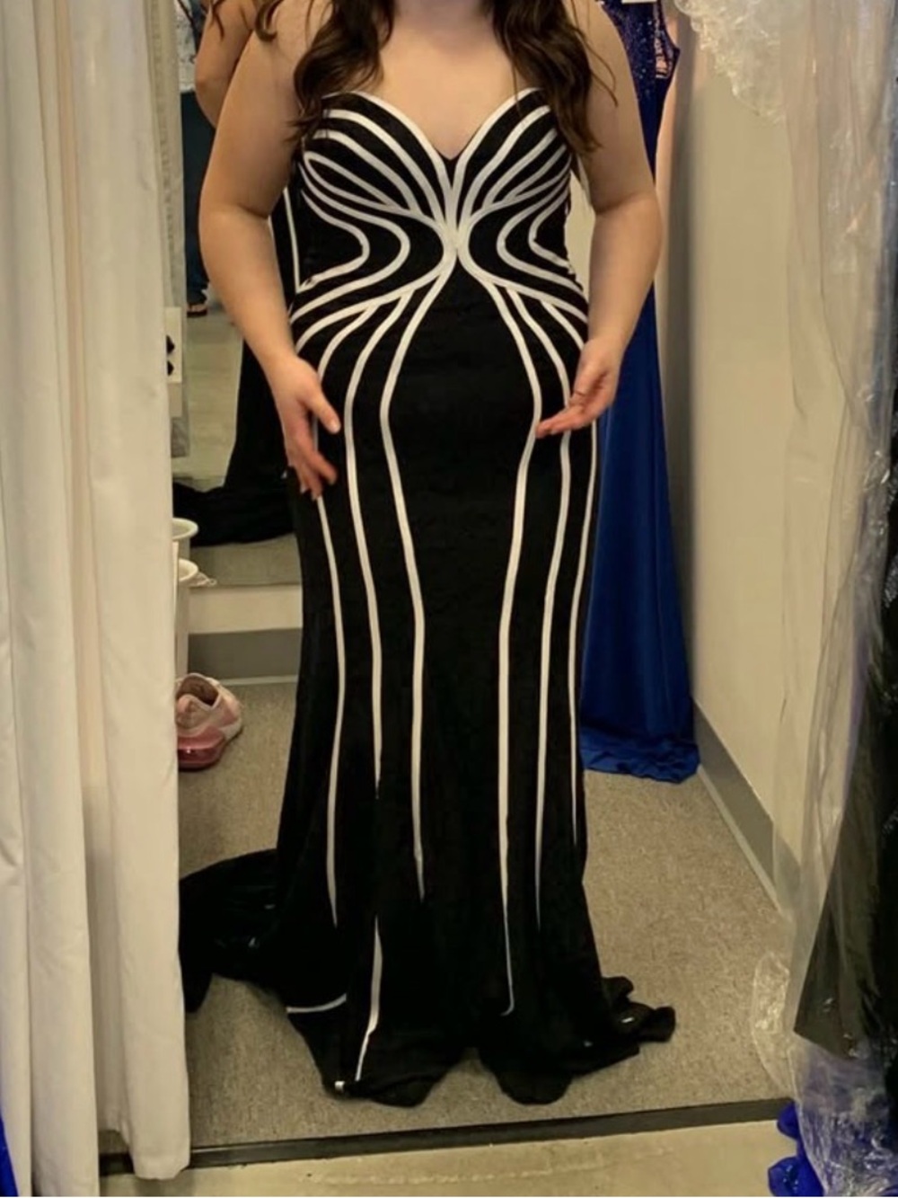 madison james Black and White Strapless Contour Gown